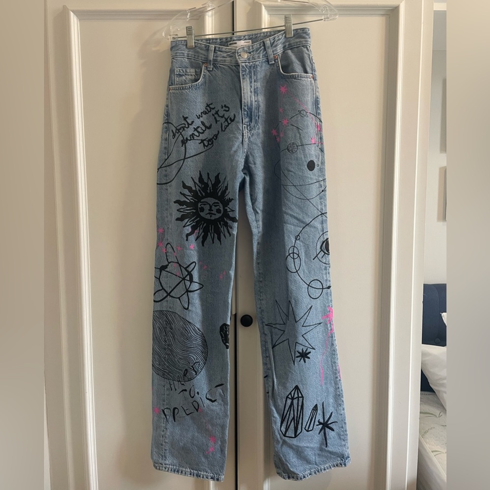 Bershka Graphic Graffiti Blue Jeans